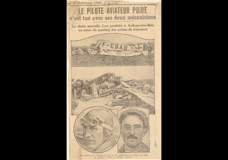 Article dans le « Journal d’Évreux » du 15 novembre 1922 dans « Recueil de la Société Civile d’aviation d’Évreux », relatant l'accident d'avion mortel d'Alphonse Poirée survenu la veille à Aulnay-sous-Bois